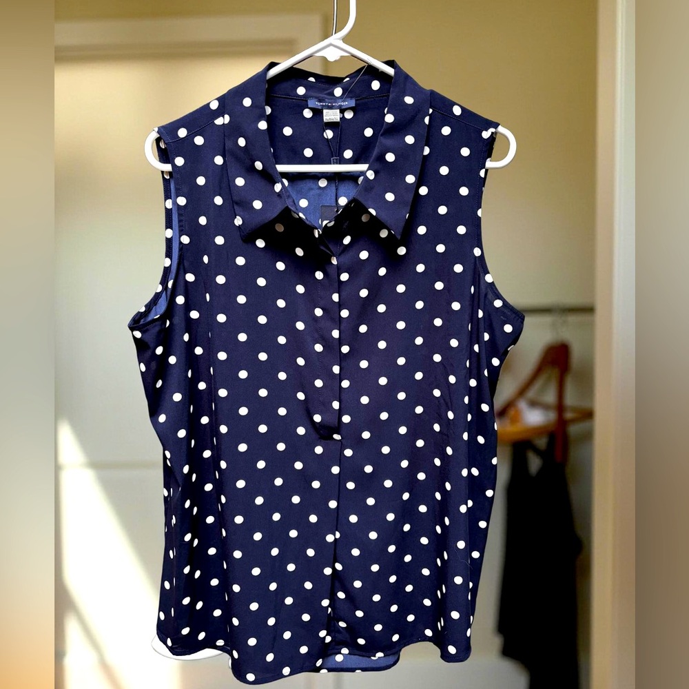 Tommy Hilfiger Navy White Polka Dot Sleeveless Top XL NWT